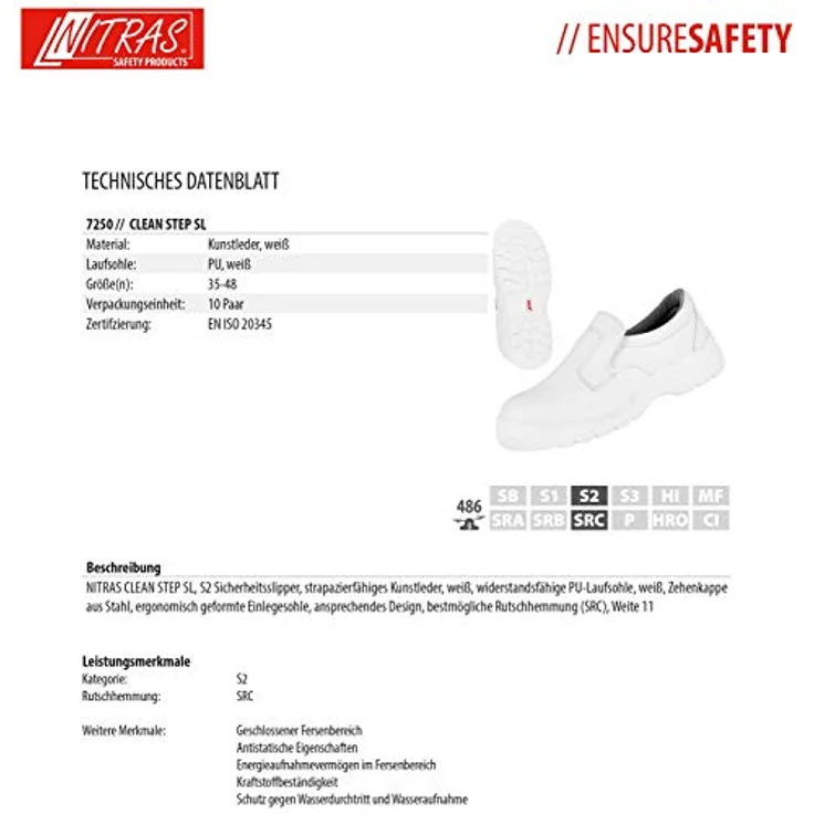 Nitras NITRAS CLEAN STEP SL, S2 Sicherheitsslipper, weiß, EN ISO 20345, Kunstleder, rutschfest, kälteisolierend, orthopädische Einlagen geeignet, 1 Paar – Bild 4