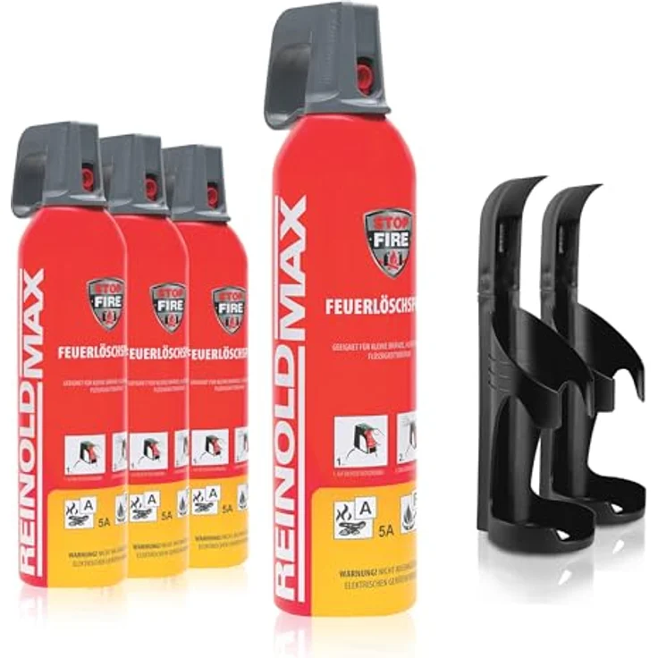XENOTEC Premium Feuerlöschspray Stopfire, 4 x 750ml, 2 Wandhalterungen schwarz, wiederverwendbar, löscht Brandklassen A und F – Bild 1