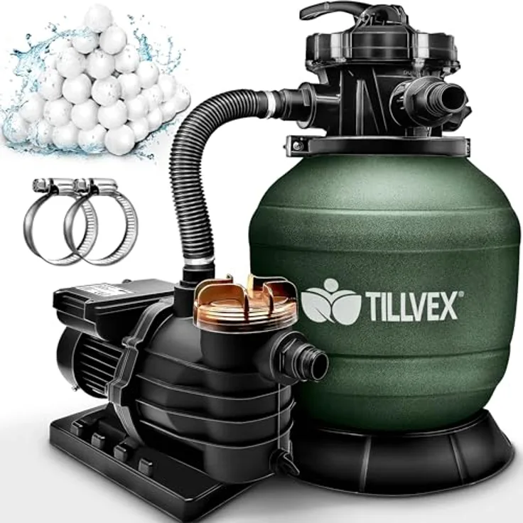 tillvex Sandfilteranlage 10 m³/h, Filteranlage mit 5-Wege Ventil, Druckanzeige und 800g Filterbällen für Pool und Schwimmbecken