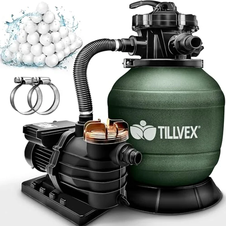 tillvex Sandfilteranlage 10 m³/h, Filteranlage mit 5-Wege Ventil, Druckanzeige und 800g Filterbällen für Pool und Schwimmbecken – Bild 1
