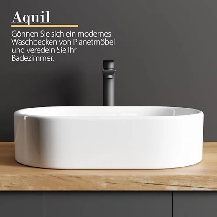 Planetmöbel Aufsatzwaschbecken Aquil Elegant, ovales Badezimmer Waschbecken 55 cm, matt, weiß für Waschtisch – Bild 4