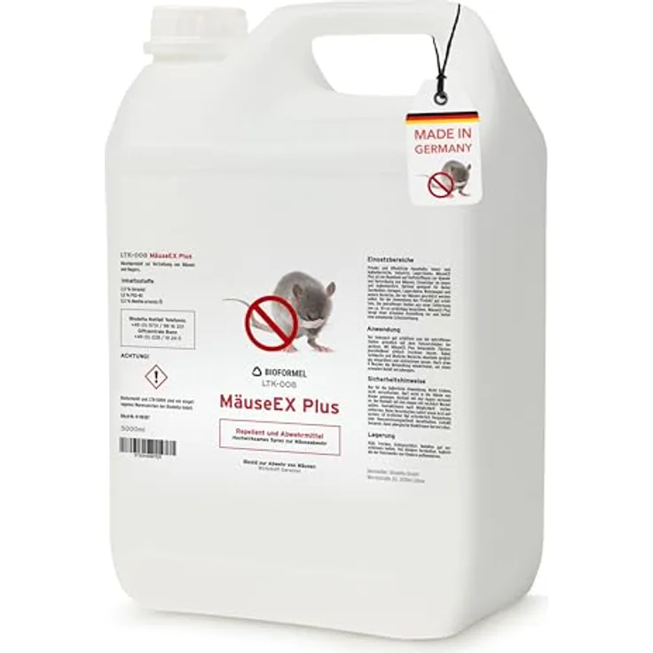 BIOFORMEL Mäuse Ex Spray Plus 5L, Mäuse- und Rattenabwehrmittel für Indoor & Outdoor, langanhaltend mit Geraniol, made in Germany