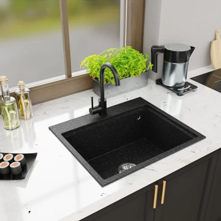 QLS Küchenspüle Comfort 0.0L, Granit-Spülbecken, 58x49,5cm mit Siphon, langlebig und kratzfest, Schwarz – Bild 3