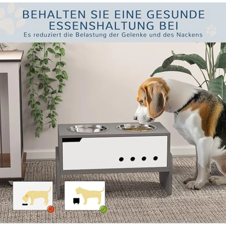 PawHut Hundenapf erhöht, 3 Stufig Höhenverstellbar Futternapf für Hunde mit Stauraum, Anti-Schling-Matte, 2 x 2L Edelstahl-Schüsseln, Grau – Bild 3