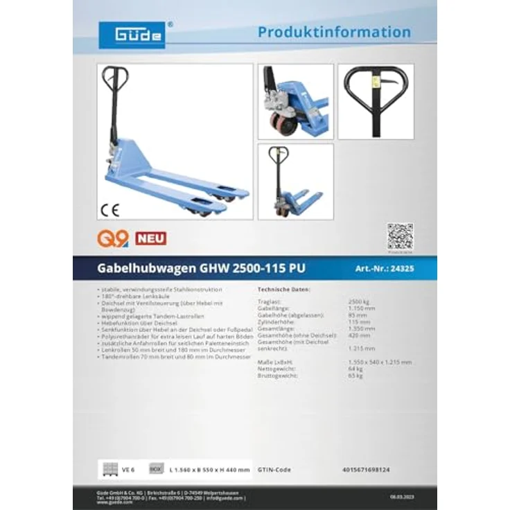 Güde Gabelhubwagen GHW 2500-115 PU, Tragkraft max. 2500 kg, Gabellänge 1150 mm, Gabelhöhe 85 mm, Gesamtlänge 1550 mm – Bild 5