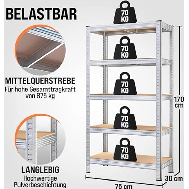 2x Monzana Schwerlastregal 170x75x30cm 350kg 5 MDF-Platten Regal Lagerregal Kellerregal Steckregal Werkstattregal – Bild 3