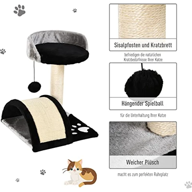 PawHut Kratzbaum Katzenbaum mit Spielbällen Katzenkratzbaum Sisalseil-Kratzstangen Schwarz 35,5 x 37 x 46 cm – Bild 5