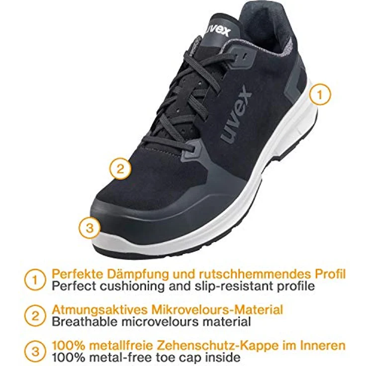 Uvex 1 Sport S3 ESD Sicherheitsschuhe für Herren - Bequeme & Atmungsaktive Arbeitsschuhe für Männer - Leichte & Ergonomische Halbschuhe Velours ,Schwarz,40 EU – Bild 2