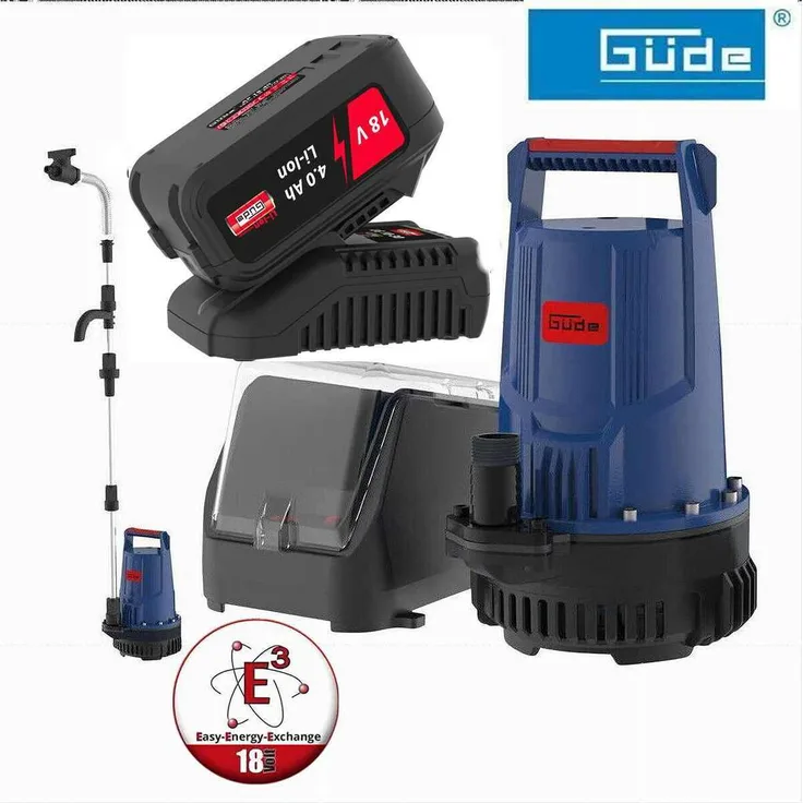 GÜDE Akku Regenfasspumpe RFP 18V mit 4.0 Ah Akku und Schnelll-adegerät 3A, leistungsstarke Tauchpumpe für die Gartenbewässerung, blau
