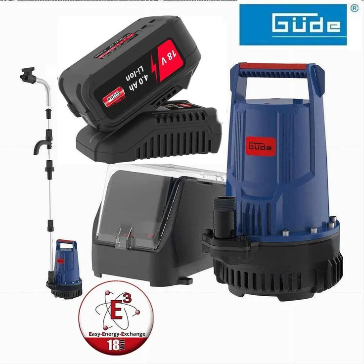 GÜDE Akku Regenfasspumpe RFP 18V mit 4.0 Ah Akku und Schnelll-adegerät 3A, leistungsstarke Tauchpumpe für die Gartenbewässerung, blau