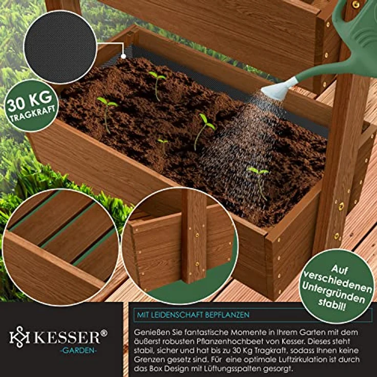 KESSER Hochbeet mit Etagen Premium Blumenkasten Blumentreppe Pflanztreppe - Gemüsebeet Kräuterbeet Pflanzkübel Frühbeet Blumenbeet Pflanzkasten inkl. Gartenvlies- Beet für Terrasse Balkon & Garten Braun, 4 Etagen – Bild 5