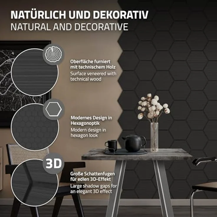 ML DESIGN 2er Set Akustikpaneele 66x81x2cm, Schwarz in Hexagon-Holzoptik, schallabsorbierende Wandpaneele für Büro und Studio, exzellente Schalldämmung, einfache Montage – Bild 3