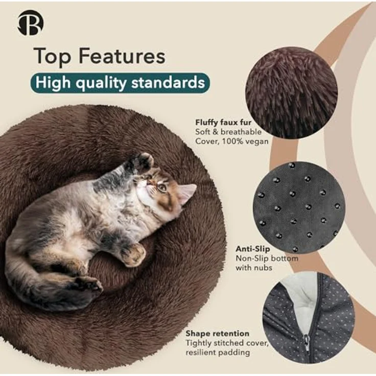 bluzelle Hundebett 50cm rund Donut Kissen Plüsch, rutschfest & waschbar, Coffee – Bild 2