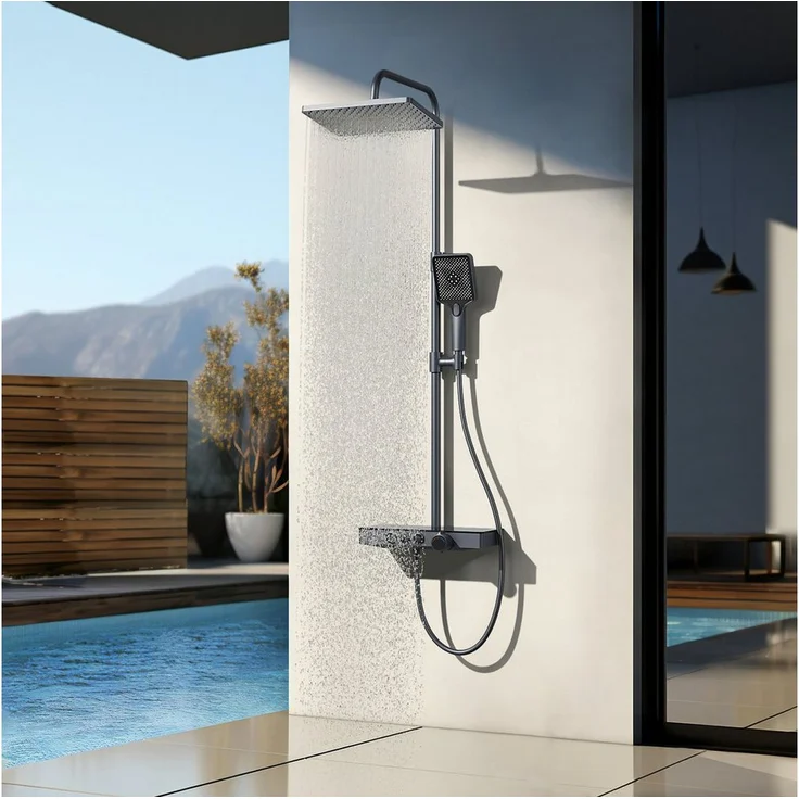 EMKE Duschsystem Duschsystem mit Thermostat Glasablage, Handbrause, 3 Strahlart(en), 45cm Thermostatische Platte,Regendusche mit Armatur, SPA-Niveau, KTW-zertifiziert, Edelstahl