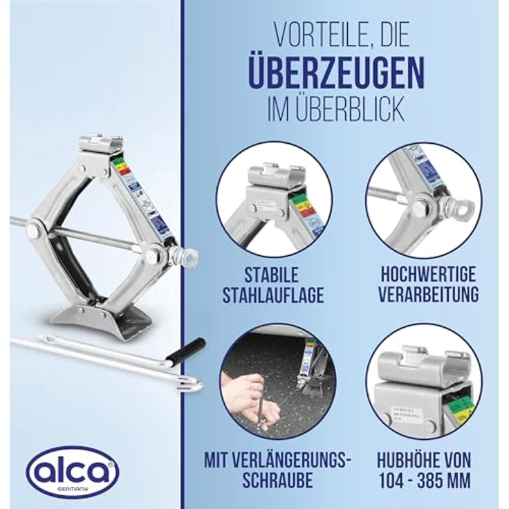 alca Wagenheber Scherenwagenheber 0,8t Reifenwechsel Universal Hubhöhe 32c, leicht und robust, drehbarer Sattel, 100-325 mm Hubbereich, blau – Bild 5