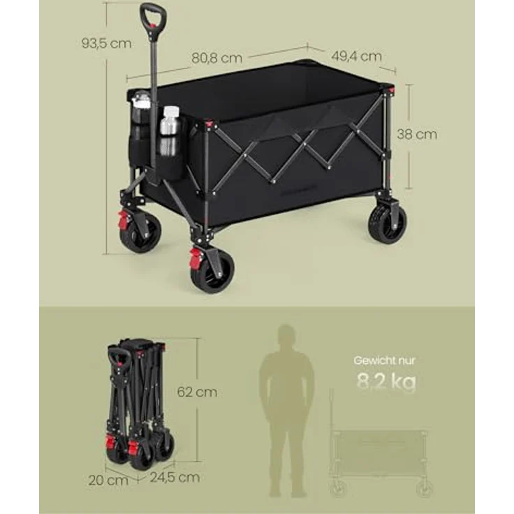 SONGMICS Faltbarer Handwagen, 150 L, bis 150 kg belastbar, schwarz, abnehmbarer Stoffbezug, 4 bewegliche Rollen mit Bremsen – Bild 3