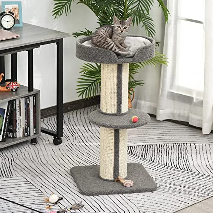 PawHut Katzenbaum Kratzbaum Katzenkratzbaum Spielbaum Kratzstamm mit Plattform Sisal Plüsch Grau 45 x 45 x 91 cm – Bild 2