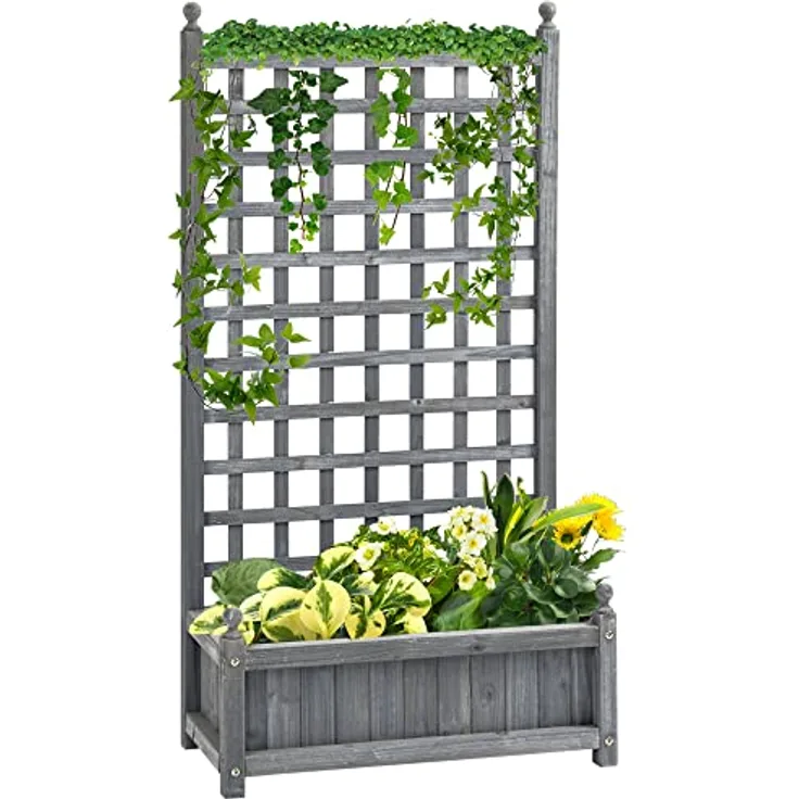 Outsunny Hochbeet Pflanzkasten mit Rankgitter Blumenkasten Rankkasten Rosenbogen mit Rankhilfe für Kletterpflanzen Garten Holz Grau 64 x 28 x 120 cm