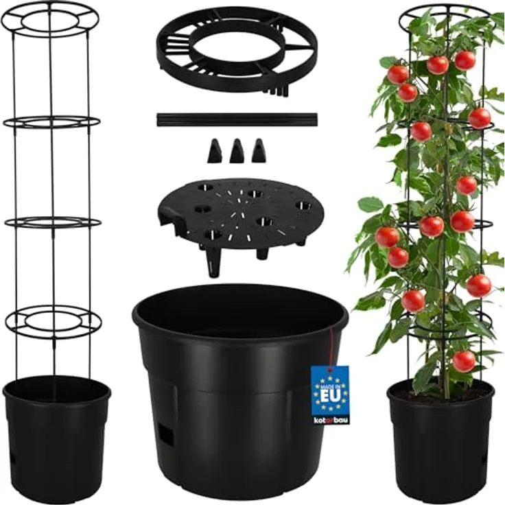 KOTARBAU® Tomatenturm 153 cm, Tomatentopf mit anpassbaren Rankhilfen, 28 L Fassungsvermögen, Schwarz Kunststoff, für Tomaten und Gemüse