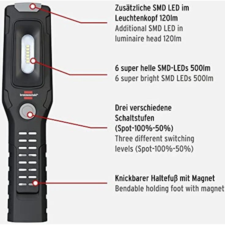 Brennenstuhl Akku Handleuchte HL 500 A/Arbeitsleuchte LED Akku mit Magnet und 6 SMD-LED´s (Inspektionsleuchte mit max. 10h Leuchtdauer, 500+120lm, 360° drehbarer Haken, knickbarer Haltefuß) – Bild 2