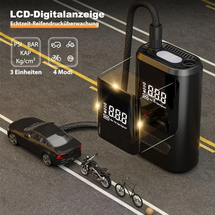 ZORUMAN 6000mAh Mini Tragbare Elektronische Luftpumpe, 150 PSI, Akku mit Digitalanzeige, Notbeleuchtung, für Auto, Motorrad, Fahrräder, Bälle – Bild 5