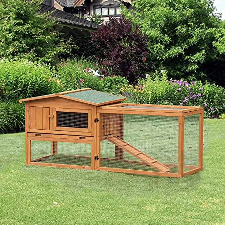 PawHut Kleintierstall Tannenholz Kleintierhaus mit Asphaltdach Kleintierkäfig mit Bodenwanne und Rampe Gehege Outdoor Indoor Orange 156 x 58 x 68 cm – Bild 2