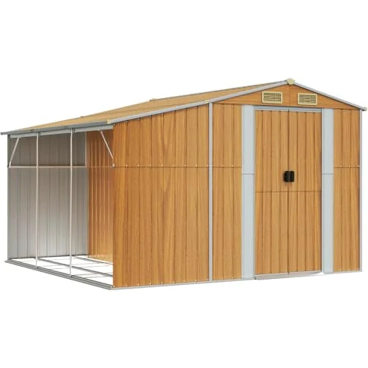 vidaXL Gerätehaus, Gartenhaus mit Schrägdach Griffe, Gartenschuppen Schuppen mit Stauraum, Geräteschuppen Metallschuppen, Hellbraun 277x279x179 cm Verzinkter Stahl – Bild 1
