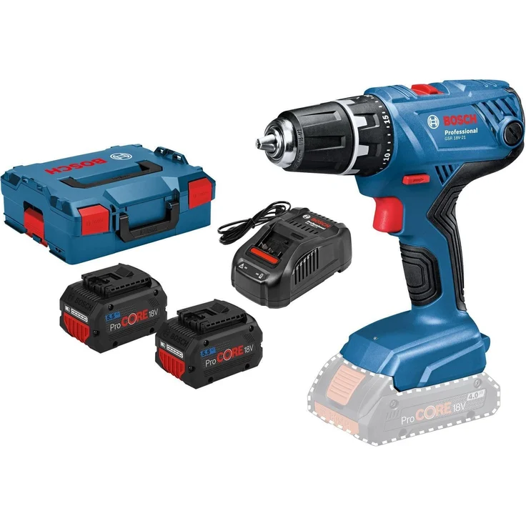 Bosch Akku-Bohrschrauber GSR 18V-21, 2x 5,5 Ah ProCORE18V Akku, Ladegerät, L-Boxx, 55 Nm Drehmoment, Vollmetallgetriebe, Electronic Cell Protection, schlüsselloses 13-mm-Bohrfutter