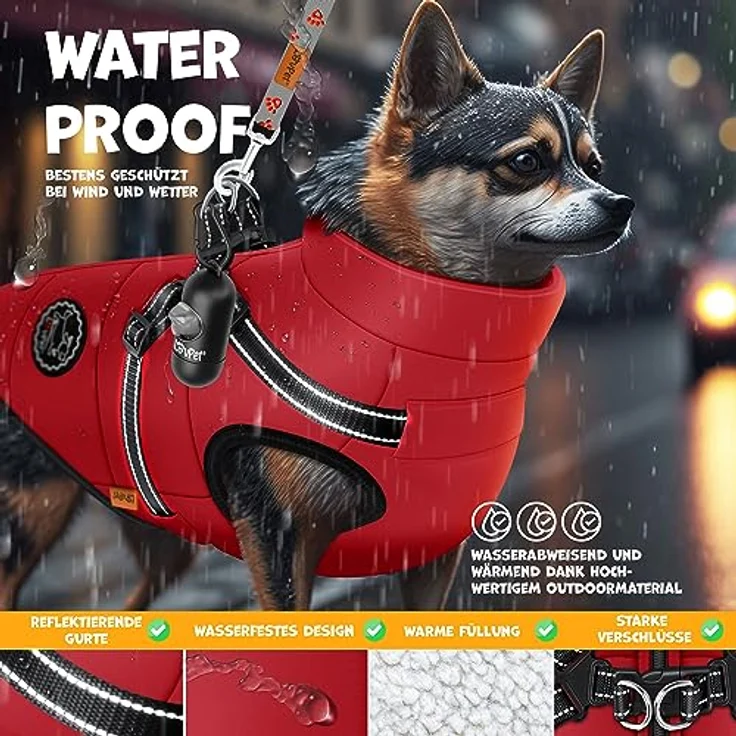 LOVPET® Hundejacke Hundemantel mit Geschirr, gefüttert und wasserdicht, 5XL, Bordeaux Rot, inkl. 45 Kotbeutel + Spender, mit reflektierenden Gurten und D-Ring – Bild 5