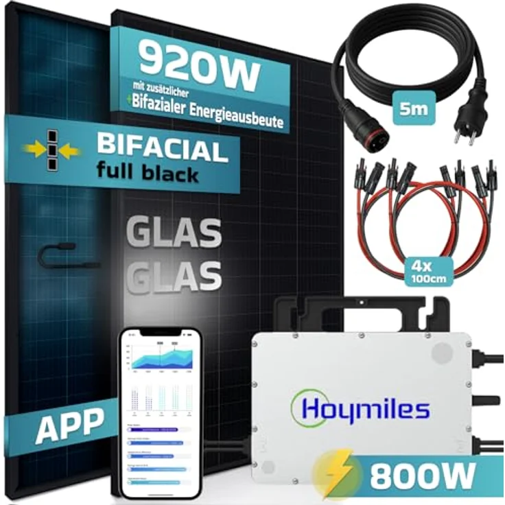 SUNNIVA® 920W Balkonkraftwerk BIFAZIAL FULLBLACK, komplettes PV Solaranlagen-Set mit 2x 460W Glas-Glas Solarmodulen, HOYMILES 800W Wechselrichter, Bluetooth und WIFI, inkl. 5m Kabel – Bild 2