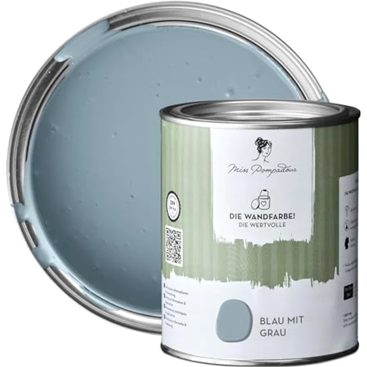 MissPompadour Wandfarbe Die Wertvolle, Blau mit Grau, matte Innenfarbe mit hoher Deckkraft, 1 L, geruchsneutral und spritzfrei, wasserbasiert – Bild 1