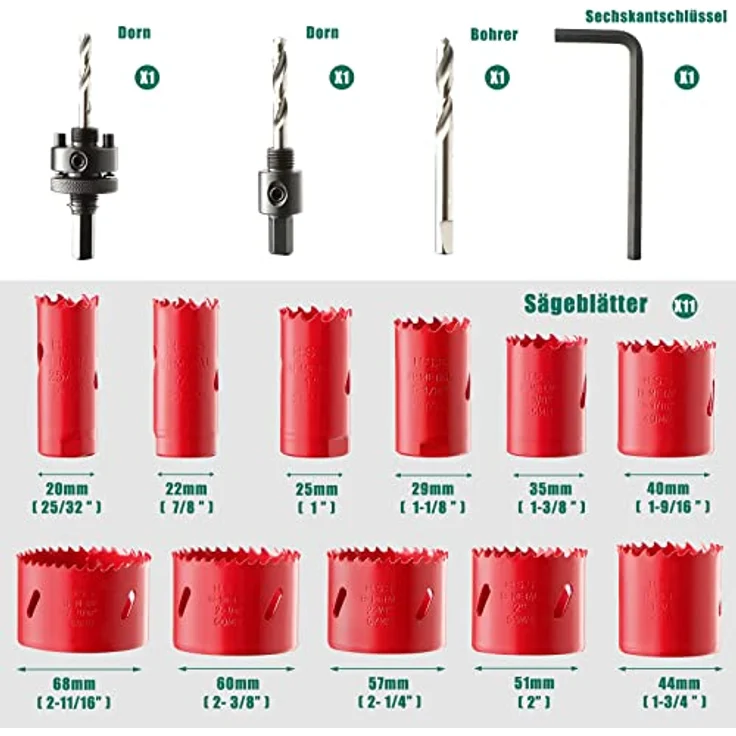 Bi-Metall Lochsäge, HYCHIKA 17tlg Lochsägen Set mit 11 Sägeblättern Ø20mm-68mm, 2 Dornen, 3 Bohrern, 1 Sechskantschlüssel, Ideal zum Bohren von Weichmetall, Holz, PVC-Platte und Kunststoffplatte – Bild 2