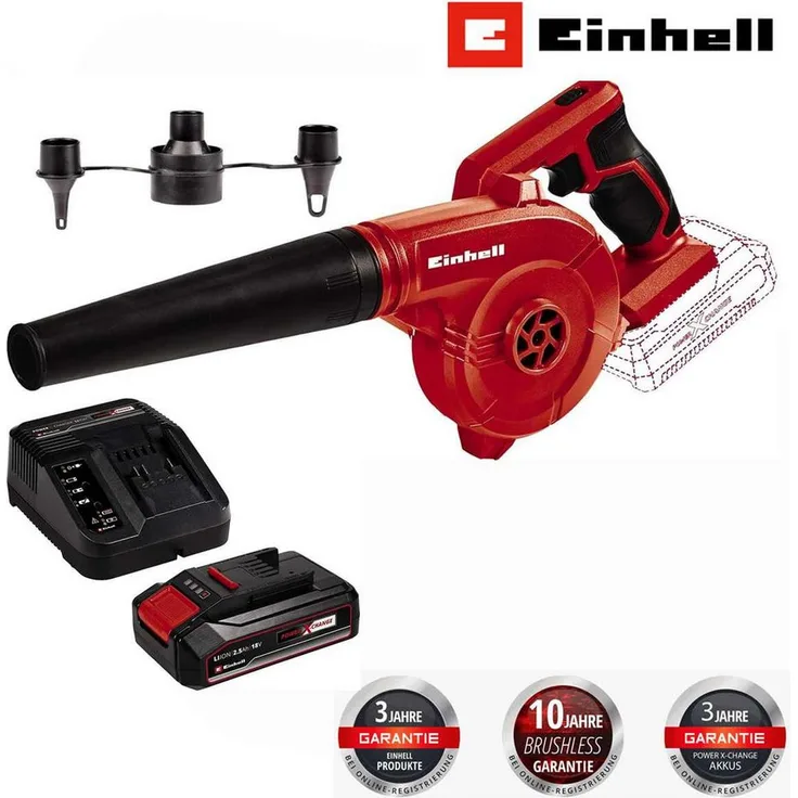 Einhell Akku-Laubbläser TE-CB 18/180 Li - 18V, 2.5 Ah Akku/Ladegerät, Mitglied der Power X-Change Familie, Luftgeschwindigkeit bis zu 180km/h, Softgrip (Akku-Laubbläser in Rot)