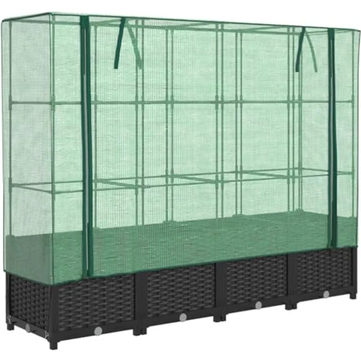 vidaXL Hochbeet mit Gewächshaus-Aufsatz, Pflanzbeet mit Eisenrohr-Rahmen, Rattan-Optik – Bild 1