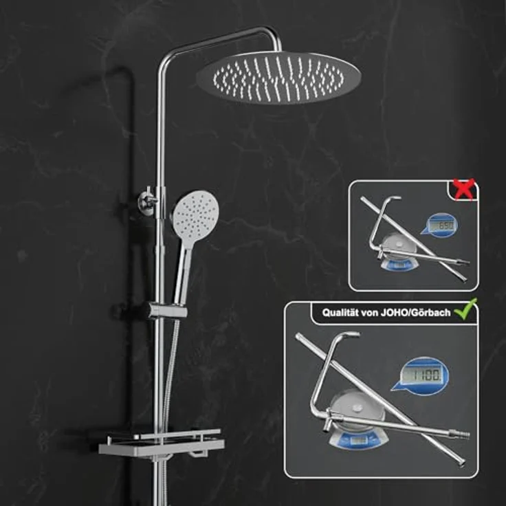 JOHO Edelstahl Duschsystem mit 30 cm Regendusche, chrom, höhenverstellbar und Handbrause mit 3 Strahlarten – Bild 4