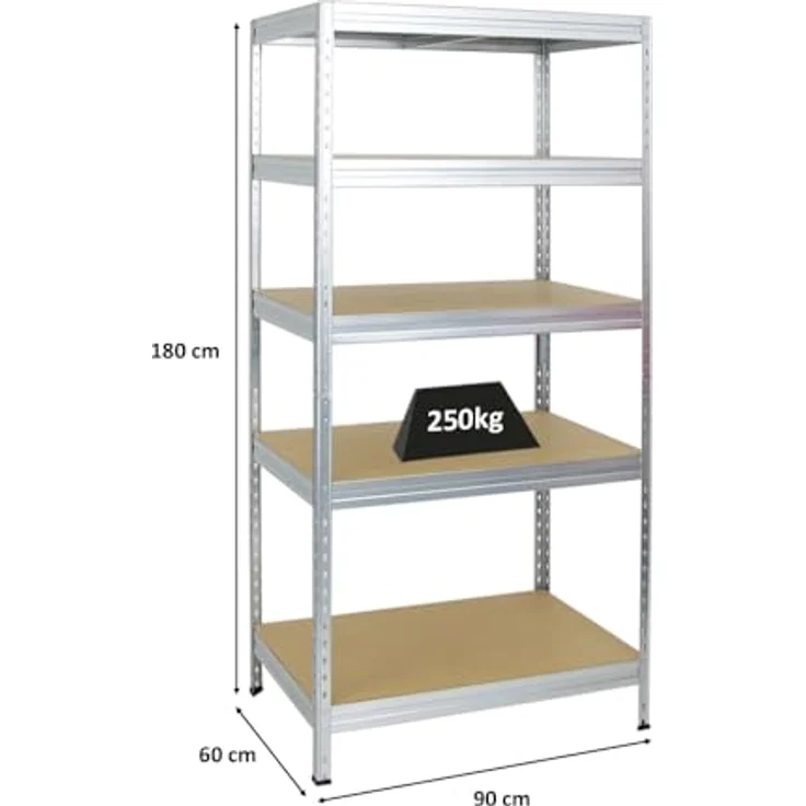 Proregal Schwerlastregal Rivet, 180 x 90 x 60 cm, 5 verstellbare Böden, Traglast 250 kg, verzinkt, kinderleichter Steckaufbau – Bild 2