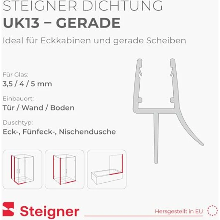 STEIGNER Duschdichtung UK13, gerade 30 cm, transparent, 100% wasserdicht, für 3,5-5 mm Glasdicke, schimmel- und kalkresistent – Bild 2