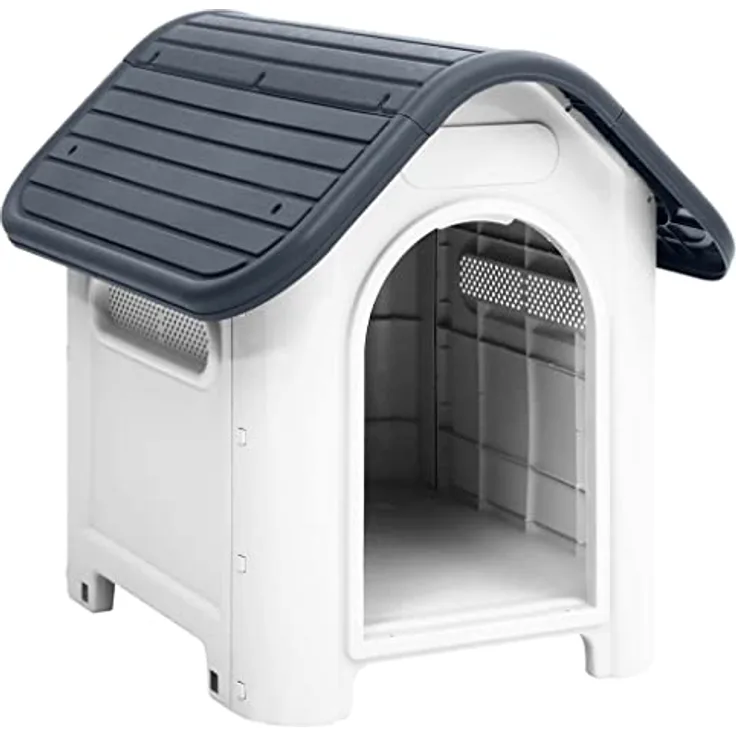 vidaXL Hundehütte Grau 59x75x66cm Polypropylen Hundehaus Hundehöhle Hundebett mit belüftetem Dach und erhöhtem Boden