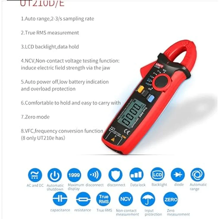 UNI-T UT210D Mini Zangenmultimeter, AC/DC Strommessgerät mit PEAK HOLD & DATA HOLD, True RMS, NCV, CAT III 600V, für Gleichstrommessung von 0,1mA bis 100A, inkl. Temperatursonde und Messleitungen – Bild 3