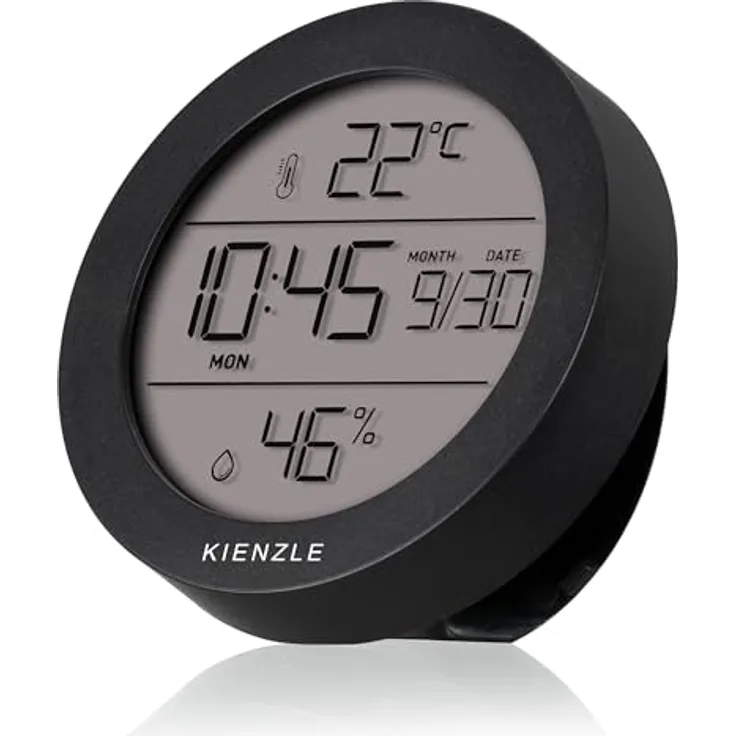 Kienzle Thermo-Hygrometer Ø 6,7 cm, präziser Temperatur- und Luftfeuchtigkeitsmesser mit Uhrzeit und Datum, Schwarz