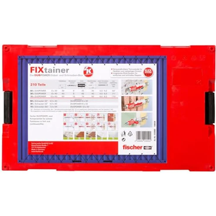fischer FIXtainer DUOPOWER mit Schraube, Dübelbox mit 210 Dübeln & Schrauben (60 Stk 6x30, 30 Stk 8x40, 15 Stk 10x50) Universaldübel, praktisches Dübelset, Werkzeugkiste mit Tragegriff & Klicksystem - Preisvergleich – Bild 3