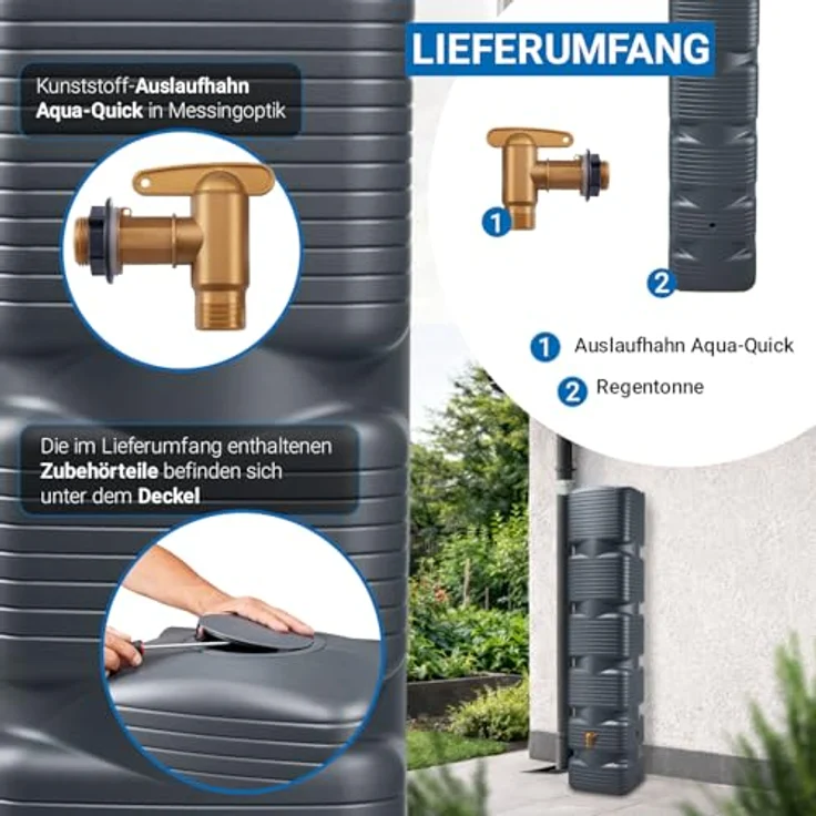4rain Wandtank 'Quadro' graphite grey, 270 l Regenwasserspeicher mit fünf Gewindeanschlüssen und Auslaufhahn, witterungsbeständig und UV-stabil – Bild 4