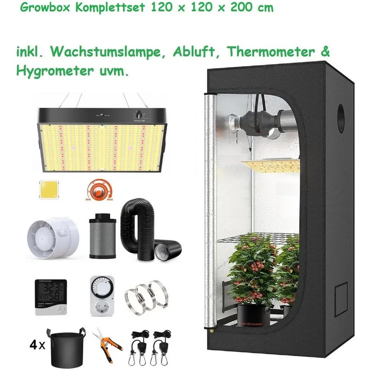 JUNG GrowPRO LED Grow Set + 1x Pure LED Q120, 200W, Gewächshaus Growbox Komplettset mit Zuchtzelt, LED-Lampe, Abluftset, 120 x 120 x 200 cm, cannabis-grün