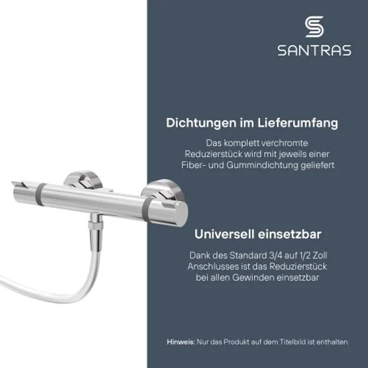 SANTRAS® Reduzierstück inkl. Wasserspar Set 3/4 Zoll Innengewinde auf 1/2 Zoll Außengewinde in Chrom – Verchromter Adapter zur Reduzierung auf 1/2 Zoll für Brauseschläuche aus hochwertigem Messing – Bild 2
