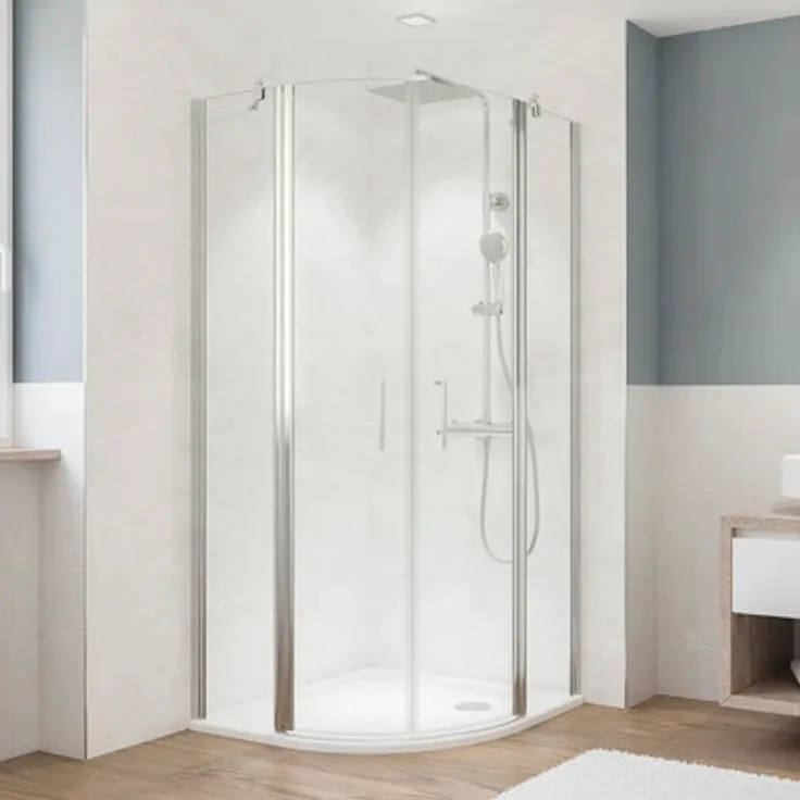 Breuer Fara 5, Runddusche mit Drehtür und Festteil, 80 x 80 x 190 cm, Radius 500 mm, Alu Silber, Klarglas, reversibel