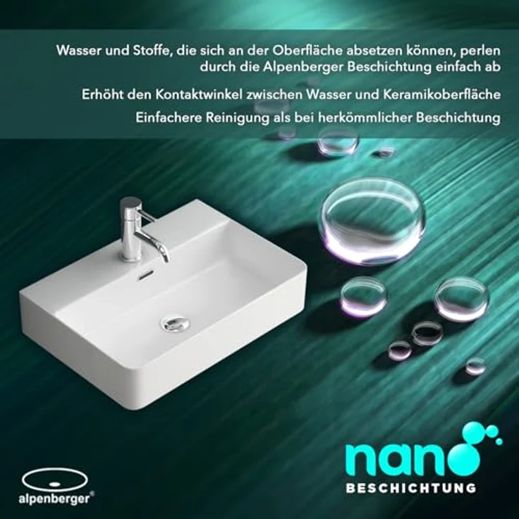 Alpenberger Waschbecken 60 cm Breit - Aufsatzwaschbecken Eckig mit Nano - Weiß, pflegeleicht durch Lotus Effekt, mit Überlauf und Hahnloch – Bild 8