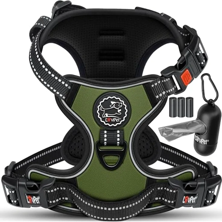 Lovpet LOVPET® Hundegeschirr No-Pull, atmungsaktiv & reflektierend, verstellbar mit Griff, Khaki - XL, inkl. Beutelrollen