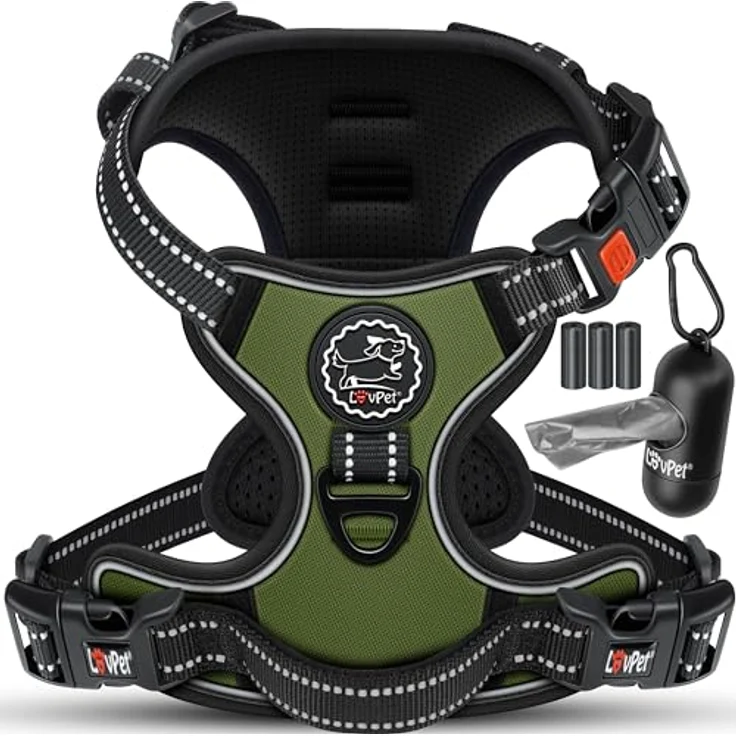 Lovpet LOVPET® Hundegeschirr No-Pull, atmungsaktiv & reflektierend, verstellbar mit Griff, Khaki - XL, inkl. Beutelrollen – Bild 1