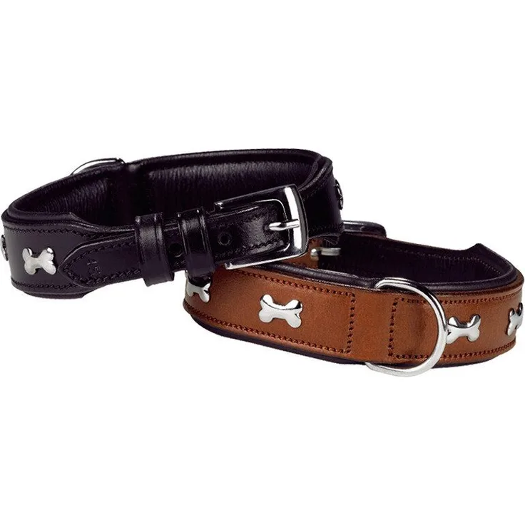 Nobby Hunde-Halsband Leder Halsband Cerro cognac/braun, Büffelleder, genäht, Knochenform Besatz