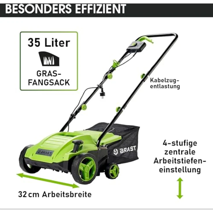 BRAST Vertikutierer Elektro Rasenlüfter 1500 Watt 32cm Arbeitsbreite Kombi Gerät Moosentferner – Bild 3